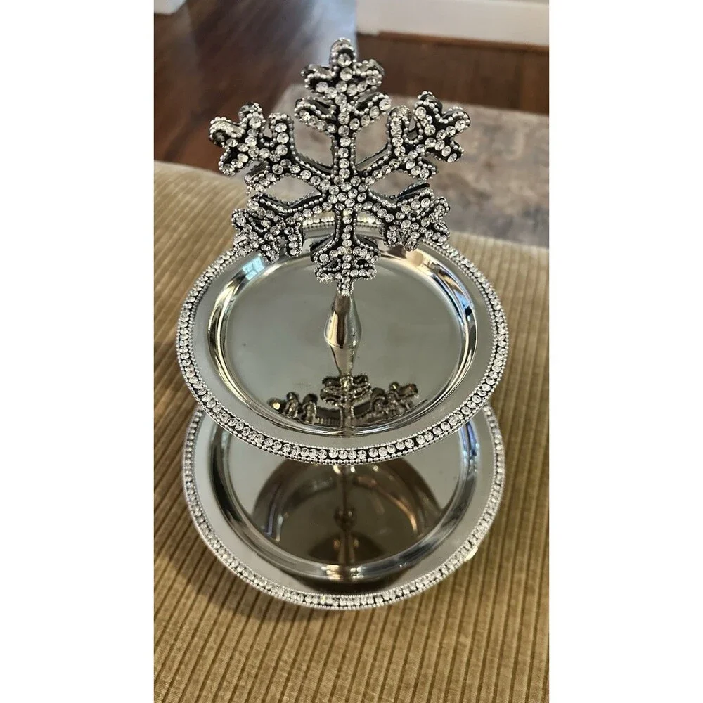 Silver Rhinestone Bling Snowflake 2 Tier Serving Dessert Appetizer Platter Tray
